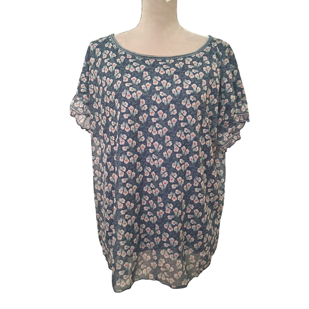 Max Studio Womens 1X Navy Floral Mesh Flutter Sleeve Blouse